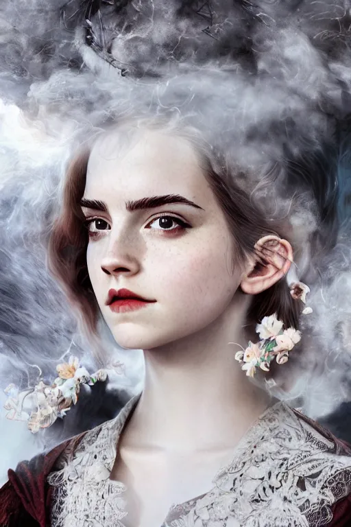 Image similar to a mix of of emma watson, anya taylor - joy and emma stone, evil sorceress witch, victorian manor house, hyperrealism, octane render, extremely detailed, intricate smoke magic, lace, style of mark ryden, earl nore, hyung tae, frank frazetta