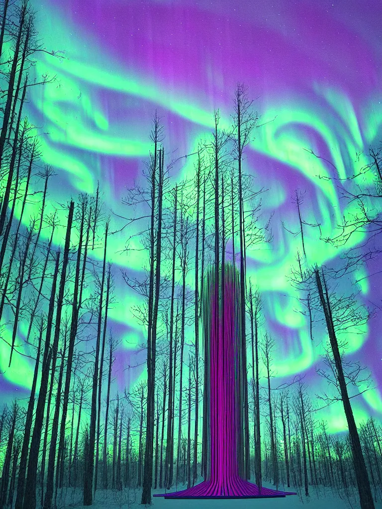 Prompt: thorncrown chapel johfra bosschart, northern lights by gerhard richter, northern lights by beeple