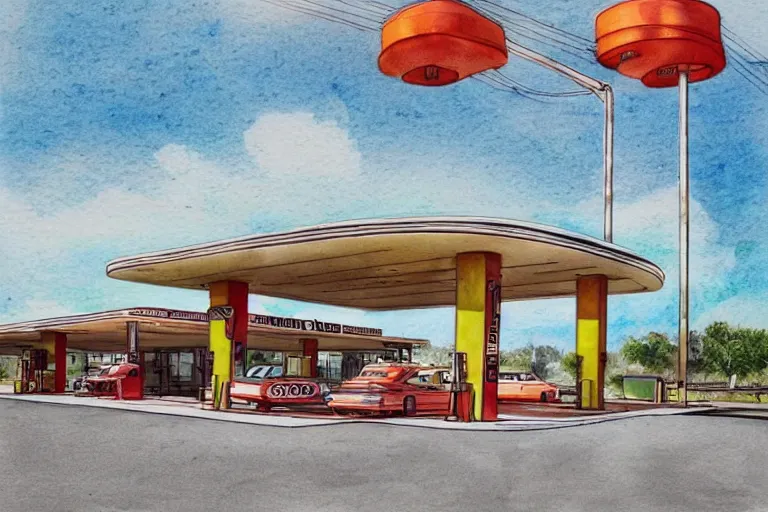 Image similar to a pencil and watercolor art of a beautiful luxurious gas station, retro and 1 9 8 0 s style, beautiful architecture, retro coloring, retro and 1 9 8 0 s style, retro and 1 9 8 0 s filter