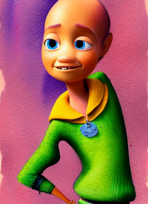Prompt: pixar character with tiny robot sidekick, animated, beautiful face, watercolor, photorealistic, earthy colors, intricate outfit, gradient background