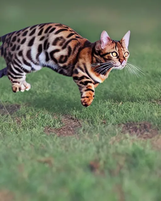 Prompt: beautiful and realistic bengal cat chasing after a gigantic mouse in a field, photo in the style of National Geographic