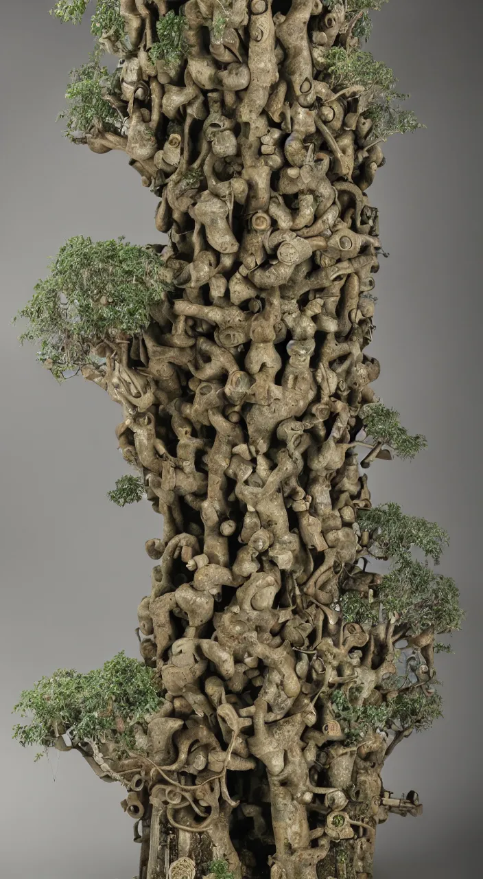 Image similar to a eucalyptus tree entering a machine, biomorphic, alchemical still made from clay, biomorphic, octane ,