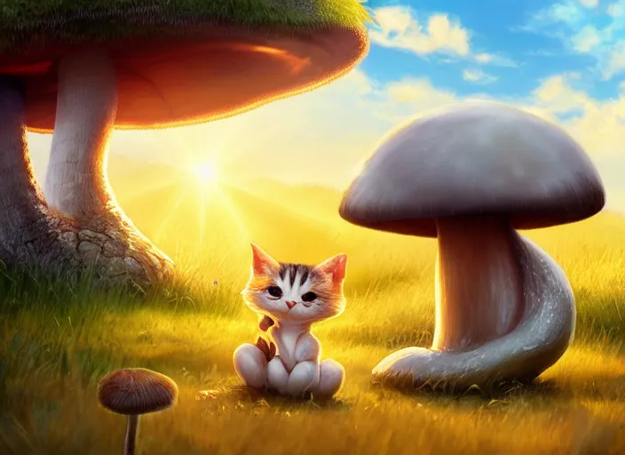 Image similar to a cute creature sitting next to a mushroom, golden hour, fantasy, sharp focus, digital art, hyper realistic, 4 k, unreal engine, highly detailed, hd, dramatic lighting by brom, trending on artstation, new cats movie