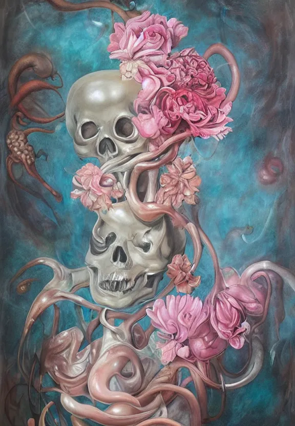 Image similar to a biomorphic painting of a vase with flowers and eyeballs in it, a surrealist painting by marco mazzoni, by dorothea tanning, pastel blues and pinks, lips, melting, plastic, skull, featured on artstation, metaphysical painting, oil on canvas, fluid acrylic pour art, airbrush art, seapunk, rococo, lovecraftian