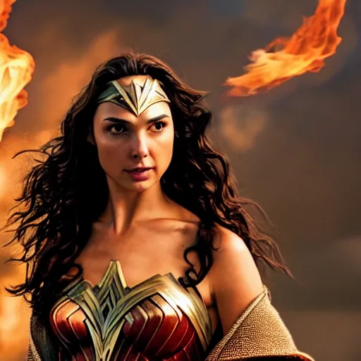 Image similar to gal gadot as a wizard with a robe casting fire spells, depth of field, zeiss lens, detailed, symmetrical, centered, fashion photoshoot, by Annie Leibovitz and Steve McCurry, David Lazar, Jimmy Nelsson, Breathtaking, 8k resolution, extremely detailed, beautiful, establishing shot, artistic, hyperrealistic, beautiful face, octane render