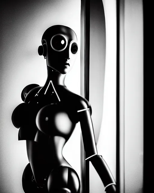 Image similar to black and white high quality photo of a female AI-cyborg-doll looking into a sci-fi mirror, volumetric lighting, hyperdetailed, photorealistic, masterpiece, elegant, dark, in the style of Man Ray,