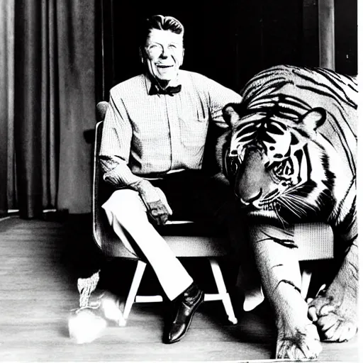 Image similar to [ ronald reagan sitting in chair with a tiger lying at his feet ]