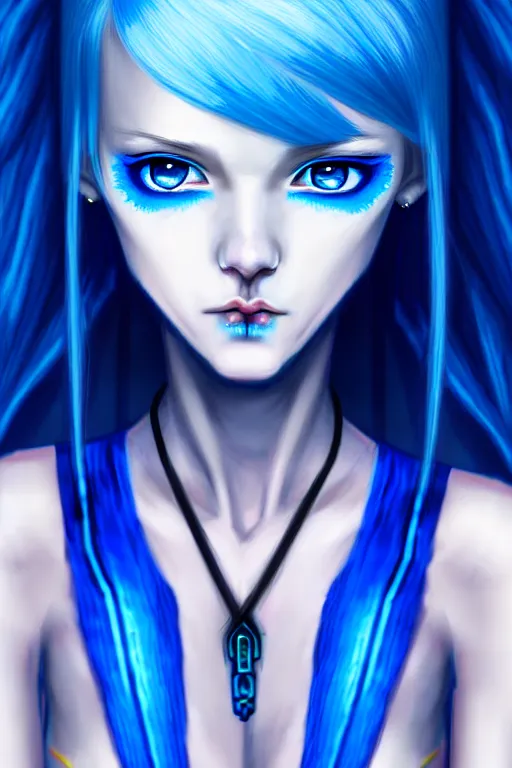 Prompt: a young, slender girl, with blue hair and bright blue eyes, hyperrealistic face, beautiful eyes, fantasy art, intricate, hyperdetalized, smooth, cyberpunk, tech