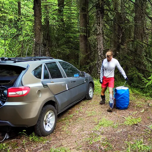 Image similar to hiker unloading the car before camping, style by fernando sawa