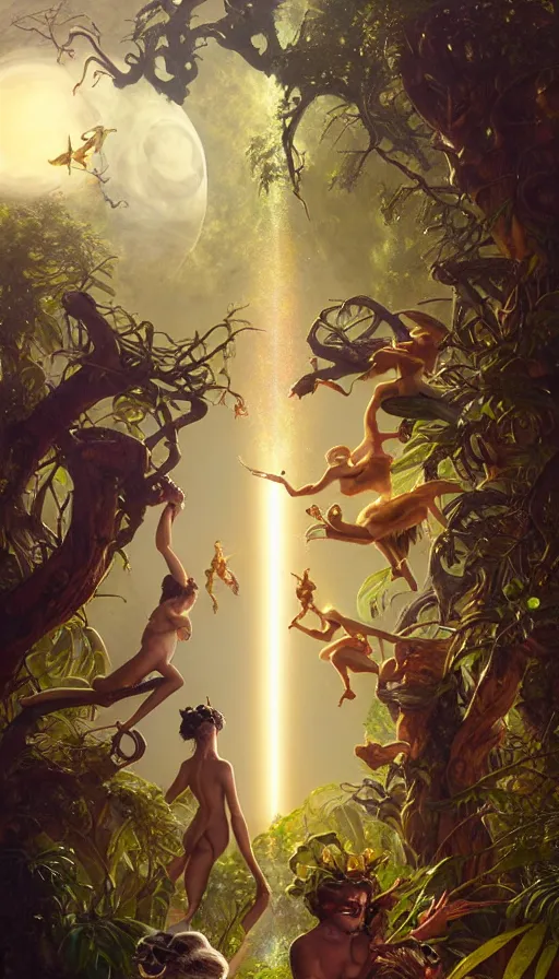 Image similar to hyper realistic aliens battling a golden goddess, lush plants, kittens, full moon, light rays, gnarly trees by tom bagshaw, mucha, gaston bussiere, craig mullins, j. c. leyendecker 8 k