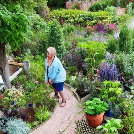 Prompt: a small but beautiful garden filled with medicinal plants that are being looked after by a happy middle aged woman being one with nature, accurate, soft light, high resolution. In the background there is a small but we're she lives