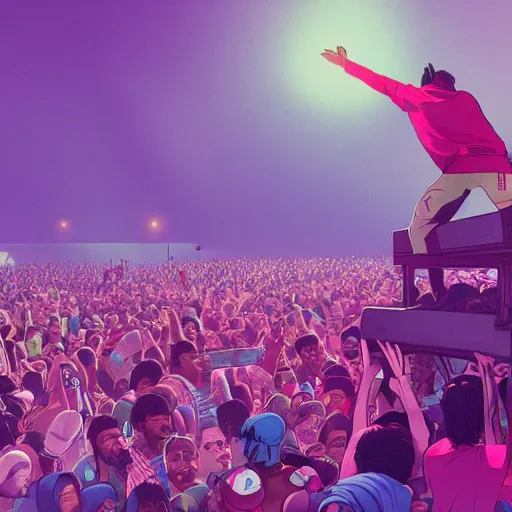 Image similar to rapper leaning over huge crowd reaching up to him, digital art, vapor wave, hip hop, trending on Artstation, professional artist, detailed, 4k