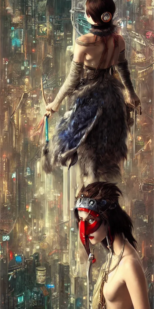 Image similar to hyper realistic Princess Mononoke with her mask, busy cyberpunk metropolis, city landscape, jewels, style of tom bagshaw, mucha, james gurney, norman rockwell, denoised, sharp