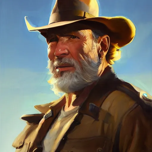 Image similar to greg manchess portrait painting of partially armored indiana jones as overwatch character, medium shot, asymmetrical, profile picture, organic painting, sunny day, matte painting, bold shapes, hard edges, street art, trending on artstation, by huang guangjian, gil elvgren, ruan jia, randy vargas, greg rutkowski