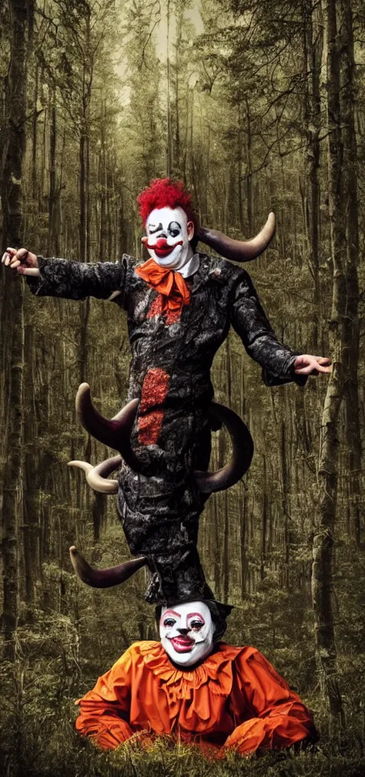 Prompt: a clown with big horns in the forest, darkness, creepy