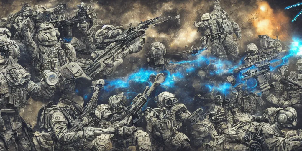 Image similar to photo wide shot military sci fi muppet special forces soldiers,inks,octane render photorealistic, blue,gold,white,black octane render, insanely detailed, realistic, + psychedelic, cosmic energy by Kelly McKernan, yoshitaka Amano, hiroshi yoshida, moebius, loish, artgerm, happy,joyful, painterly, symmetrical and detailed hyperdetailed 8k, moebius,steven wiltshire, , hyper detailed,high contrast,vivid psychedelic colors,, Neon Genesis Evangelion, mathematics and geometry, loony toons, saturated, sun rays + Laurie Greasley + Katsuhiro Otomo, Craig Mullins, 8k, octane render, trending on artstation, hyper detailed,