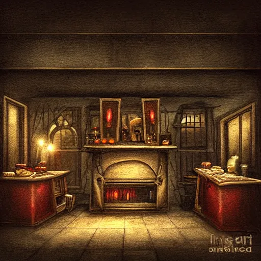 Prompt: interior of a dark butcher shop lit by an eerie fireplace, dark fantasy, night, by anne stoke, digital art