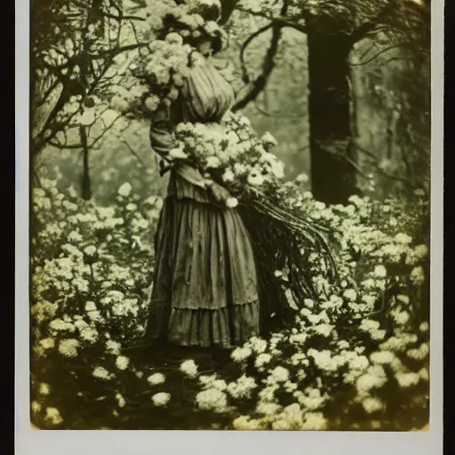 Image similar to portrait of a beautiful woman covered in flowers, Forest, ray gods, 1910 polaroid photography