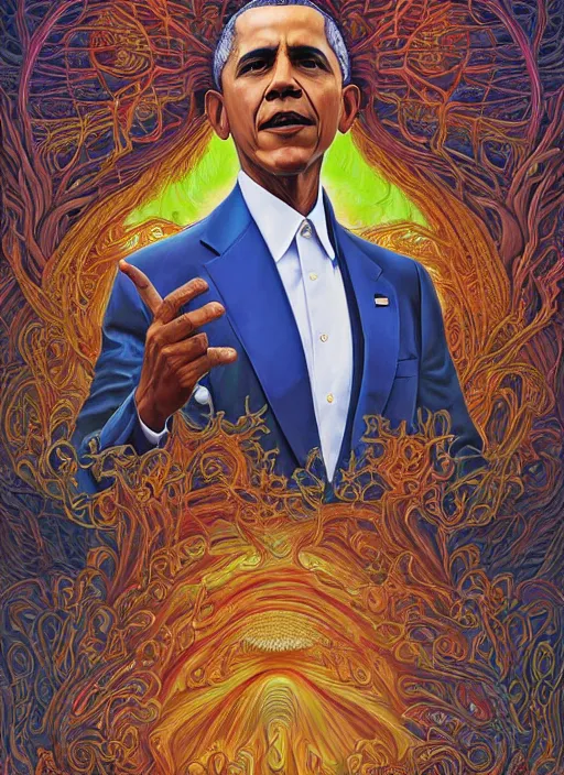 Image similar to beautiful oil painting, full length portrait of Barack Obama in coronation robes 1701, Dan Mumford, Dan Mumford, Alex grey, Alex grey, highly detailed , lsd visuals, dmt fractal patterns, hallucinogen, visionary art, psychedelic art, ornate, vaporwave, baroque