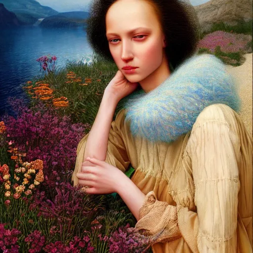 Image similar to A beautiful portrait of a woman with iridescent skin in a scenic environment by James C. Christensen