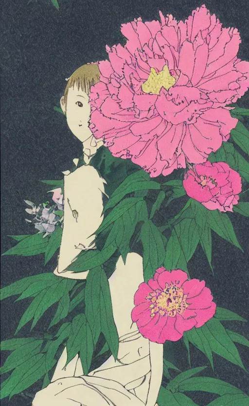 Prompt: by akio watanabe, manga art, portrait of a butterlfy sitting on a peony, sun in the background, trading card front