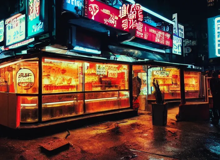 Image similar to the only open cyberpunk blade runner fast food stand in the cyberpunk city during a melancholy rainy night