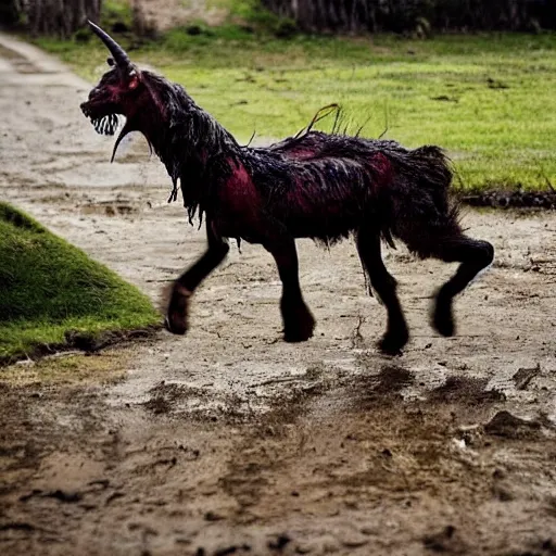 Prompt: horror, hd photography, a monstrous mutant goat creature is galloping across a muddy medieval village square in daylight, filthy matted fur, human eyes, disturbing, mutated, crocodile - like teeth