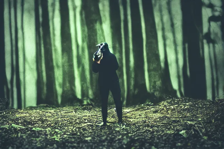 Image similar to !! human mixed with a crow, photograph captured in a dark forest