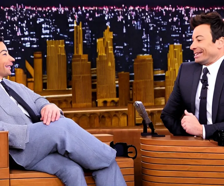 Image similar to still image of jimmy fallon interviewing shrek on the tonight show