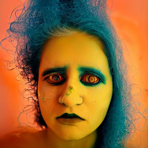 Image similar to realistic expired kodak film portrait of albino india woman tentacled creature mix, marigold celestial vibe, hyperrealism, hypermaxiymalism, photorealistic, detailed, atmospheric, 8 k, award winning photography, cinematic