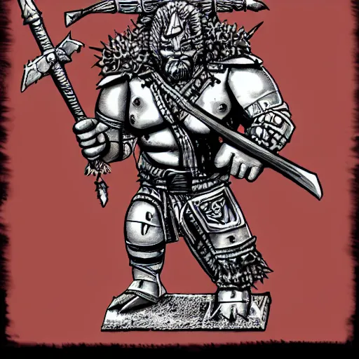 Image similar to ogre warrior wearing plated armor who is holding a battle axe in the style of warhammer fantasy : : head and torso drawing