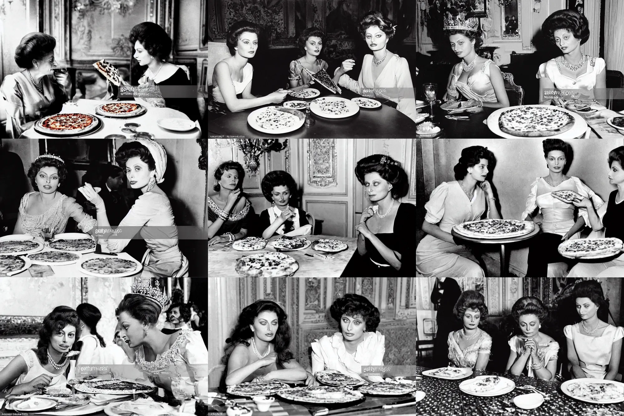 Prompt: a historical photo of young beautiful ( queen margherita of italy )!!!, sitting at a ( long table )!!! eating a pizza margherita together with a young and beautiful ( sophia loren )!!!, right angled view, smooth lighting, masterpiece, timeless, genious composition