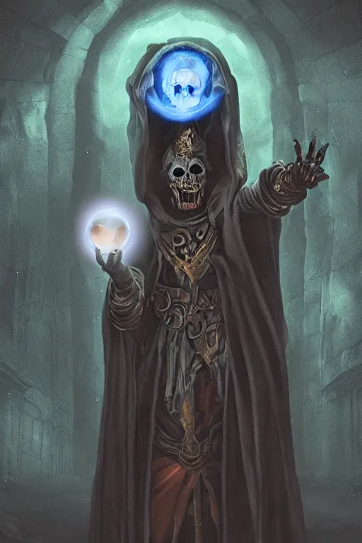 Prompt: a lich holding a magical orb, surrounded by an aura of darkness, human skull, in a medieval crypt, fantasy horror art, digital painting, HDR, 8k, cgsociety, octane engine