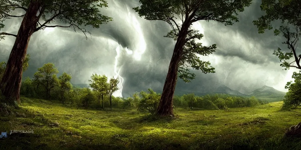 Image similar to A tornado in a beautiful scenic landscape, nature, trees, wide angle, super highly detailed, professional digital painting, artstation, concept art, smooth, sharp focus, no blur, no dof, extreme illustration, Unreal Engine 5, Photorealism, HD quality, 8k resolution, cinema 4d, 3D, beautiful, cinematic, art by artgerm and greg rutkowski and alphonse mucha and loish and WLOP