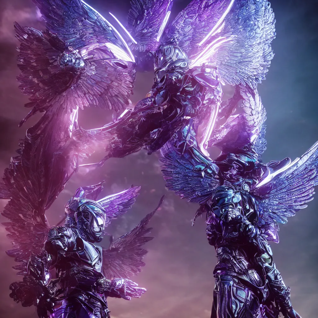 Image similar to a photo of 8k ultra realistic archangel with 6 wings, full body, intricate purple and blue neon armor, ornate, cinematic lighting, trending on artstation, 4k, hyperrealistic, focused, high details, unreal engine 5, cinematic