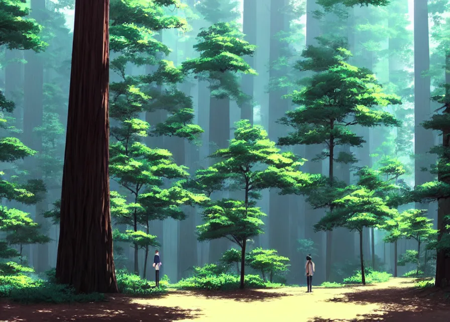 Image similar to a redwood forest with 1 9 8 0 s xerox copy machines, makoto shinkai, dusty