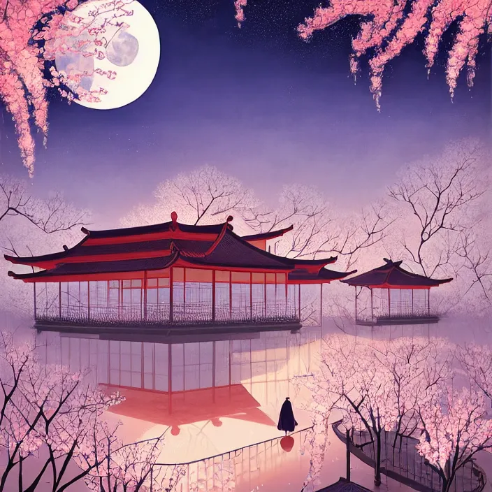 Image similar to illustrations of At night, willows and peach trees full of peach blossoms are strewn at random on both sides of the pavilions, and the bright moon is directly above the pavilions, Chinoiserie，light effect. By Victo Ngai and Cyril Rolando