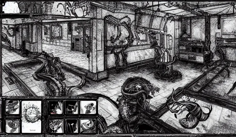 Image similar to Fighting eldritch horrors in an FPS, PC game with UI, by Junji Ito