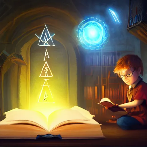 Prompt: A young wizard reading a spell book at a desk, as he reads the words runes float in the air. Magic, orange lighting, flux. High fantasy, digital painting, HD, 4k, detailed.