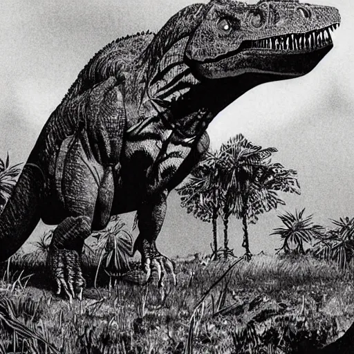 Prompt: tyrannosaurus rex standing in a prehistoric savannah, concept art by frank miller