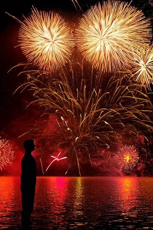 Prompt: scooter techno standing in water with fireworks in background, full body, reflection in water, volumetric lighting, golden ratio