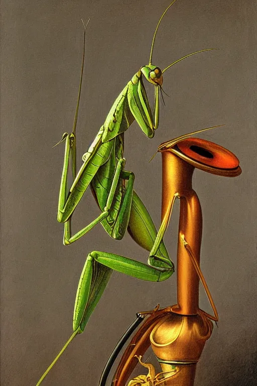 Prompt: praying mantis on saxaphone, by pierre - joseph redoute