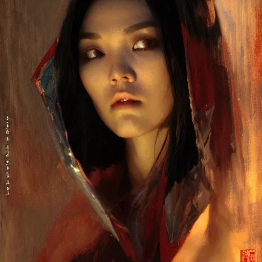 Image similar to detailed cinematic wide shot of beautiful attractive tao okamoto asian vampire woman slim face symettrical face clean skin black eyes black robe smooth, sharp focus, ultra realistic, spring light, painting by gaston bussiere, craig mullins, j. c. leyendecker