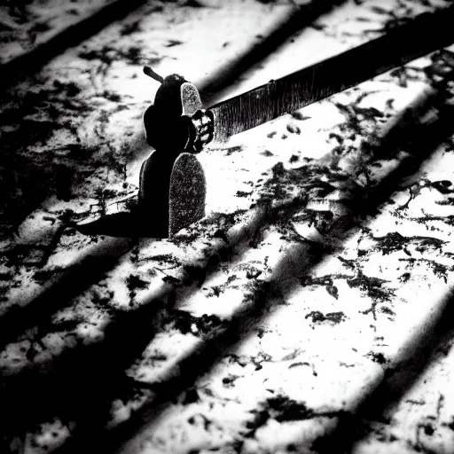 Prompt: A sword stuck in the ground, bathed in dusty light. Close Up Shot, Dark Fantasy, Film Noir, Black and White. High Contrast, Mike Mignola, D&D, OSR