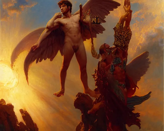 Image similar to attractive male deity, casting demonic magic, summoning handsome lucifer morning star. highly detailed painting by gaston bussiere, craig mullins, j. c. leyendecker 8 k