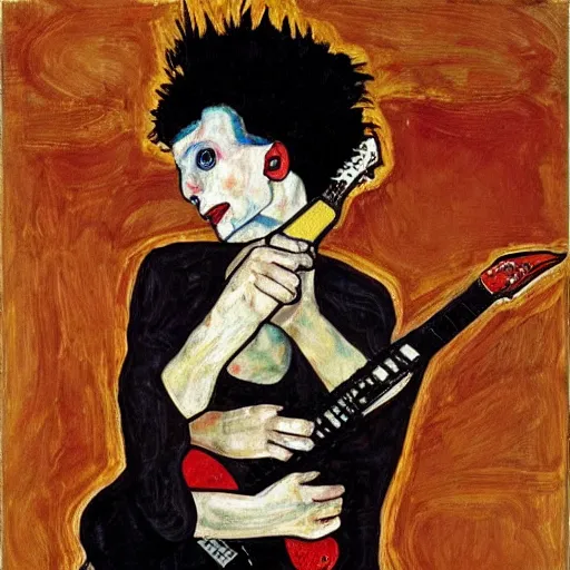 Image similar to Punk Punk Punk girl playing electric guitar, oil painting by Egon Schiele, masterpiece