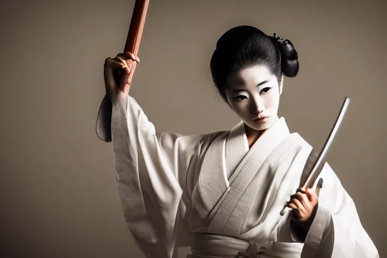 Image similar to beautiful photo of a young modern geisha samurai practising the sword in a traditional japanese temple, mid action swing, beautiful eyes, shining silver katana sword, award winning photo, muted pastels, action photography, 1 / 1 2 5 shutter speed, dramatic lighting, anime set style
