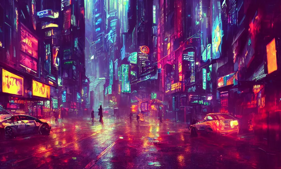 Prompt: a cyberpunk street scene with neon lights, raining, cinematic, atmospheric lighting, 4k uhd wallpaper, digital art trending on artstation