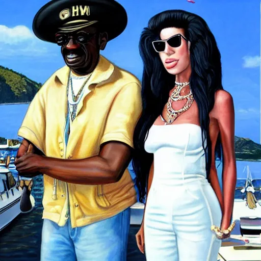 Prompt: beautiful lifelike painting of flava flav and amy winehouse buying a yacht in dubrovnik, hyperreal detailed facial features and uv lighting, art by ed roth and basil wolverton