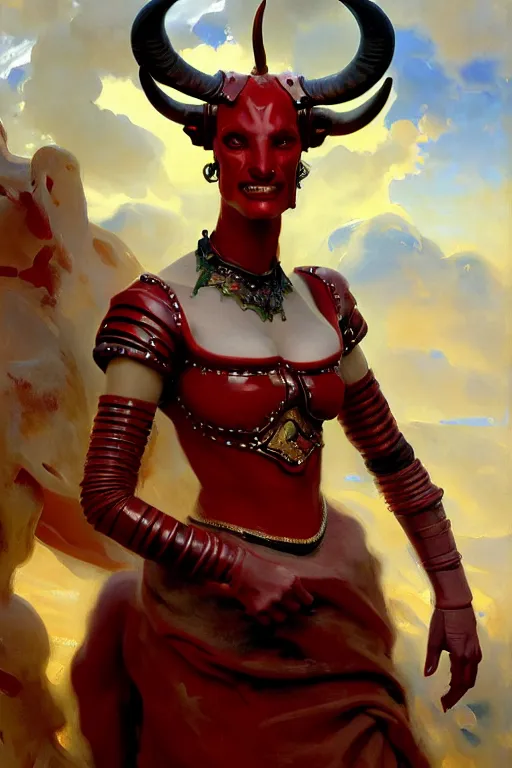 Prompt: painted close - up portrait of a very attractive red - skinned intimidating demon i robot girl with ram horns! oil painting, wearing a noblewoman's outfit, fantasy art by john singer sargent and gaston bussiere and james jean and greg rutkowski, demon noble character design, hd